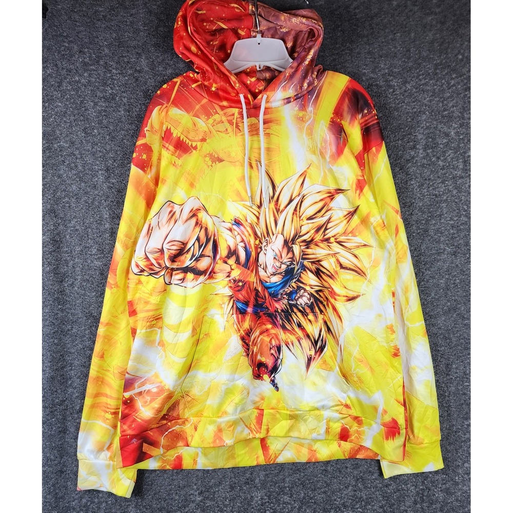 Dragon Ball Z Hoodie Mens XL Goku Super Saiyan 3 All Over Print Yellow EUC